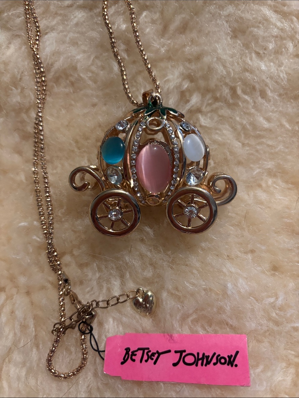 Betsey Johnson Gold-tone Pink, Teal & White Carriage Pendant Necklace
